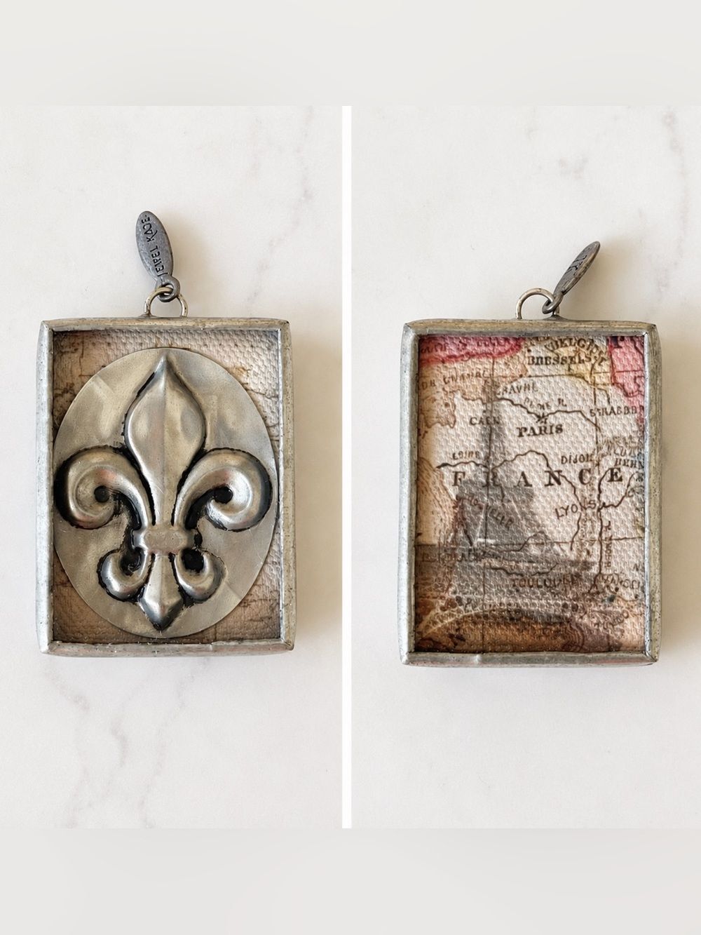 Jewel Kade Reversible France Map & Fleur-de-Lis Charm Pendant  2” x 1.5”